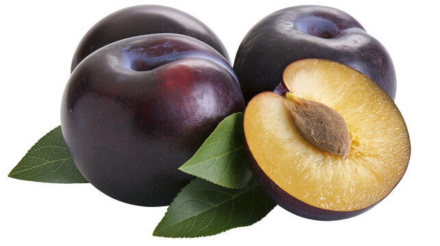 Isolated fresh ripe dark purple plums with green leaves and a halved plum with pit