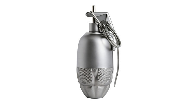 Isolated modern silver hand grenade, metallic weapon, safety pin, sleek army design.