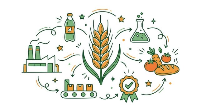 Prominent wheat ear as the central element, surrounded by a factory, beverage bottle, laboratory flask, fresh vegetables, bread loaf, conveyor belt and quality seal, connected with flowing doodle lin