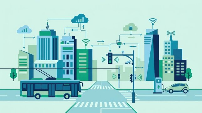 Smart city skyline, electric bus, smart traffic light, connected buildings, EV charging station and digital infrastructure symbols arranged into a clean balanced composition, premium