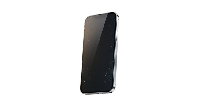 Modern smartphone mockup with blank black glass screen, sleak metallic mobile device, digital technology design display isolated PNG with Transparent Background