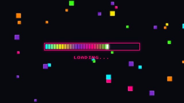 Premium 4K UI animation of a retro 8-bit puzzle game loading progress bar with neon grid blocks and falling tetromino particles.