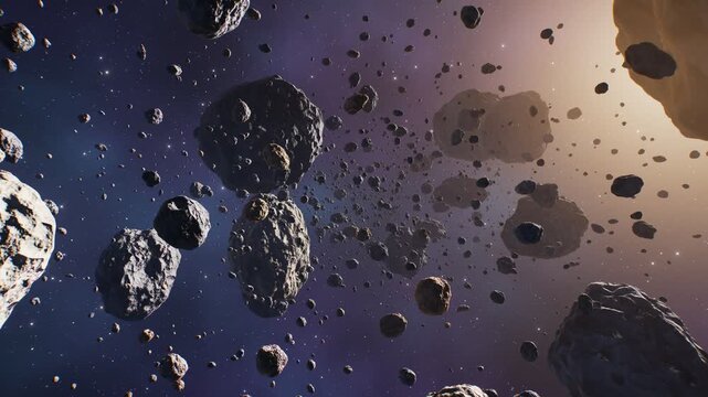 spaceship navigating through dense asteroid belt in deep space solar system