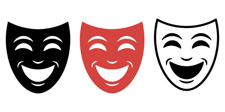 Three theater comedy mask icons in black and red colors for performing arts entertainment and celebration graphics.