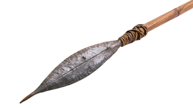 Isolated historical iron spearhead with a wooden shaft, securely bound by leather straps