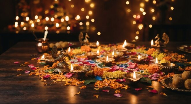 Diwali oil lamps diyas glowing on colorful rangoli pattern with marigold flowers