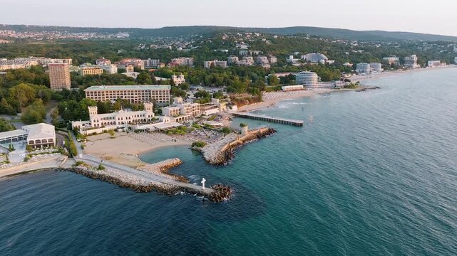 St Constantine and Helena resort aerial view sea coast hotels beach breakwater sunrise light Varna Bulgaria summer vacation tourism destination concept horizontal video stock footage