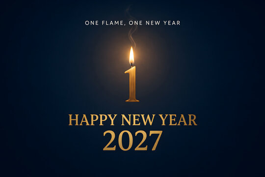 A candle shaped like the number one burning on a dark background, with the text, one flame, one, new year and, happy new year, 2027 in gold letters