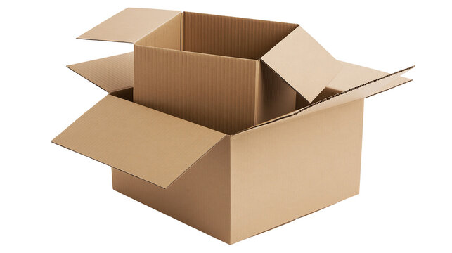 Isolated stacked open empty brown corrugated cardboard packaging boxes ready for moving and delivery