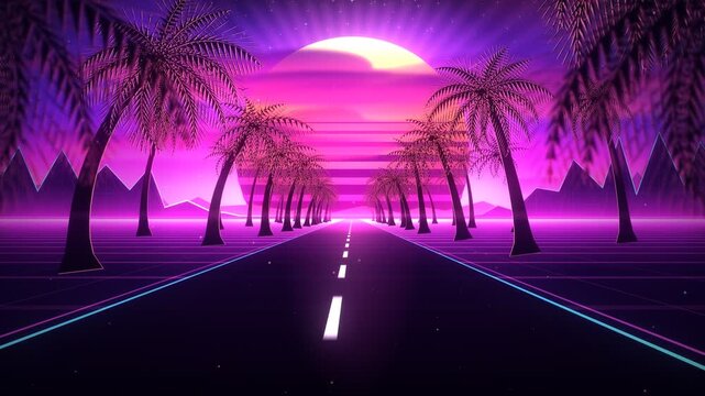 Retro synthwave sunset road with palm trees looping animation style