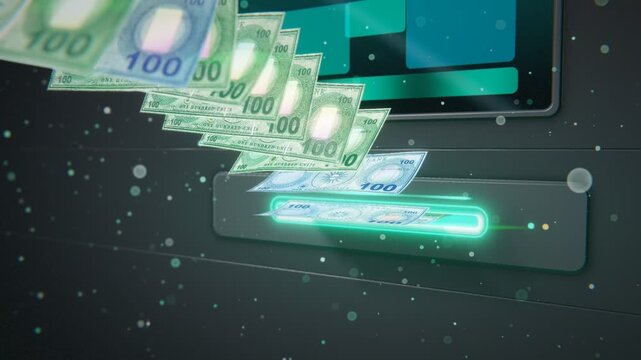 atm cash dispenser machine ejecting paper money banknotes currency loop