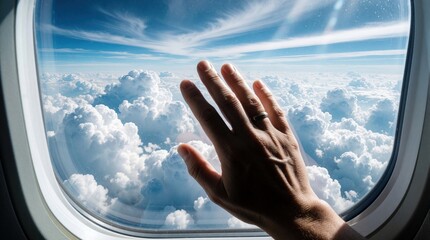 Fototapeta premium Passenger hand touches airplane window looking at white clouds. Man with ring views sky from plane cabin during flight. Aerial view of fluffy cloudscape above blue atmosphere. Travel concept about