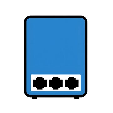 Minimalist flat icon of a blue network router with three ethernet ports.