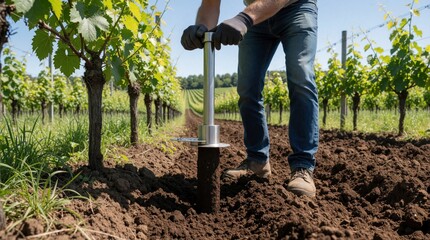 Naklejka premium Farmer uses metal soil sampler tool in vineyard. Man extracts dirt core from ground for agriculture research. Pro worker performs soil testing in grape field to check land fertility, crop health.