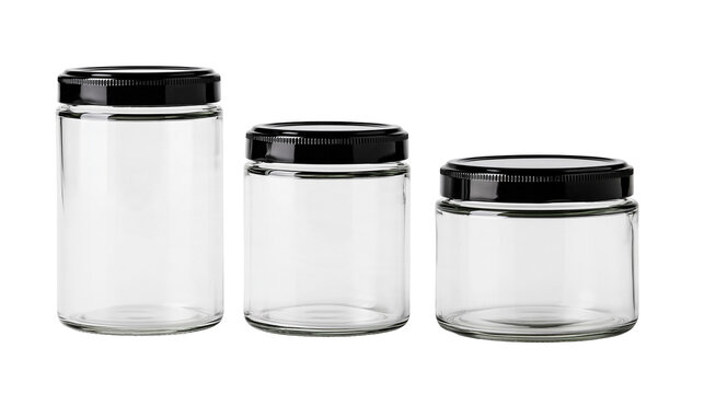 Isolated three empty clear glass jars with black screw-on lids, diverse sizes of storage containers.