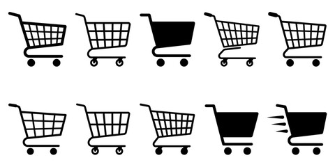 Shopping cart icons collection featuring various cart styles for ecommerce websites. © adobe king