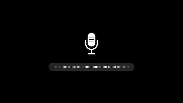 Minimalist voice assistant interface with white microphone icon and sound waveform on black background, concept for AI speech recognition, smart home technology and audio recording apps.