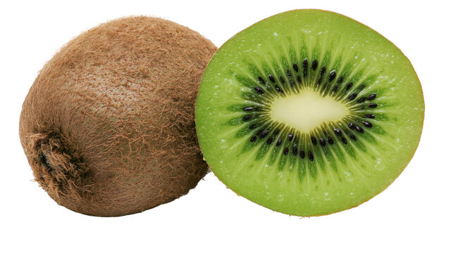 Isolated whole and halved fresh kiwi fruit, vibrant green flesh and dark seeds