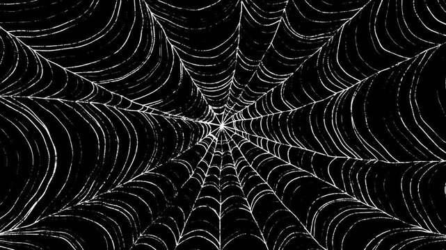 Seamless loop animation of a white spider web cobweb spinning in slow motion on black, ideal for Halloween reels, spooky stories, horror intros, cinematic overlays, mobile video content. 