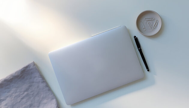 Overhead View of Minimalist Desk with Laptop and Pen on Ash Wood