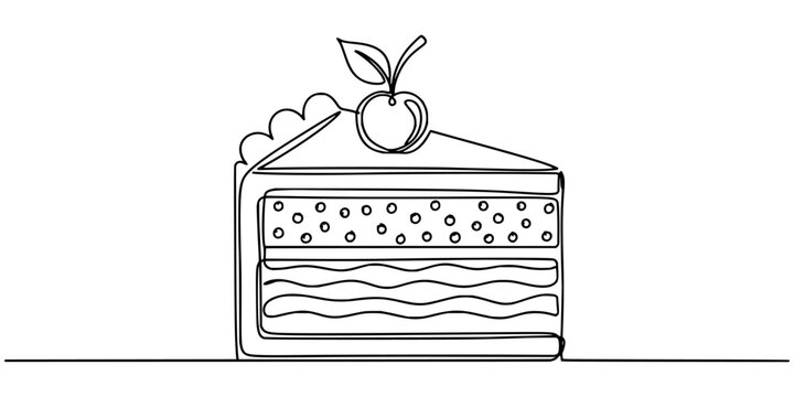 Continuous single line drawing of a slice of delicious layered cake with a cherry on top for bakery menu design or simple food illustration for cafe and restaurant advertising posters