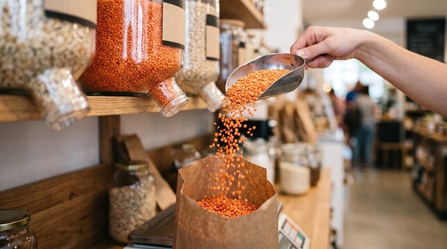 Person pouring red lentils into paper bag at zero waste store