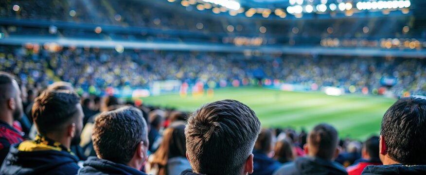 Crowded modern stadium glowing with bright lights as fans eagerly await an exciting night game on green turf.