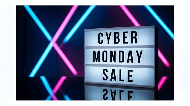 Cyber monday sale sign on a light box with neon glowing lines in the background