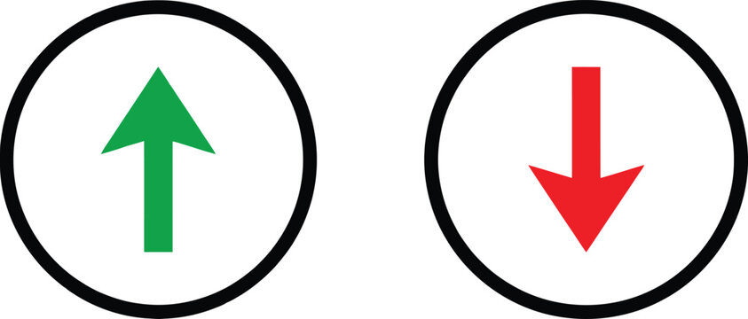 Green up arrow and red down arrow icons inside circles for business and finance indicators