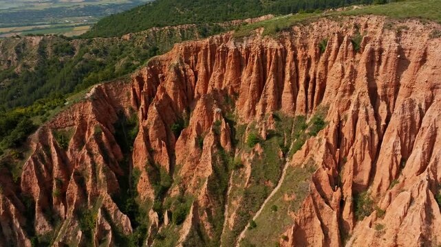 Stob pyramids natural rock formations aerial view sand pyramids Rila mountain landscape geological phenomenon tourism travel concept Stob Bulgaria horizontal video stock footage