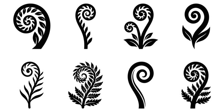 Set of koru fern frond spiral icons featuring tribal inspired black botanical motifs for organic design and nature branding.