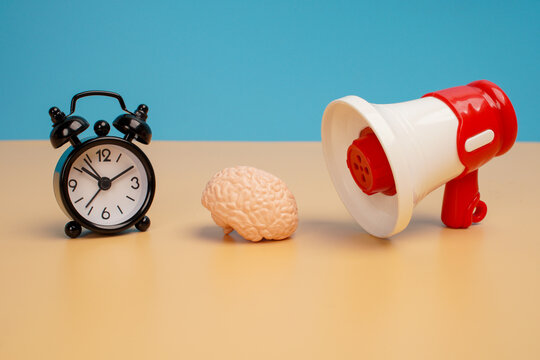 Black alarm clock, miniature brain model and red and white megaphone arranged on a beige surface against a blue background. Communication, awareness campaigns, creative thinking.