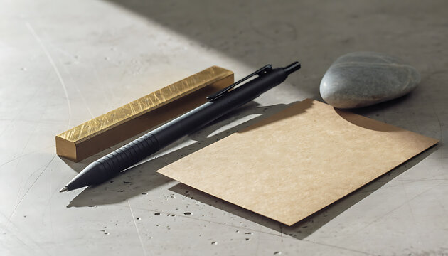 Close Up of Minimal Stationery Set on Polished Concrete Surface