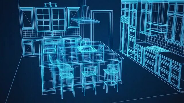 Blue wireframe 3d architectural model of a modern kitchen interior
