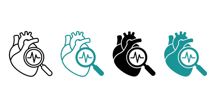 Human heart diagnostic icons with magnifying glass linear and solid variants for medical research and cardiology health branding.