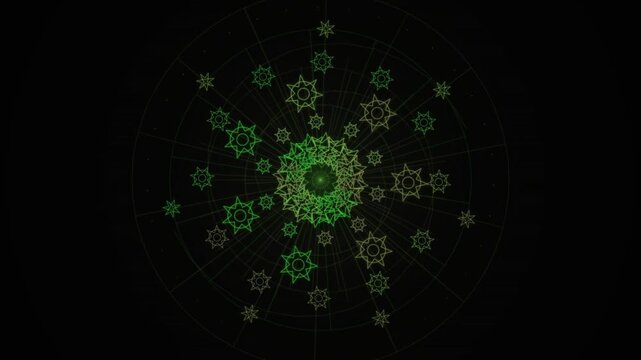 Radiating intricate snowflake geometric patterns on a solid black background