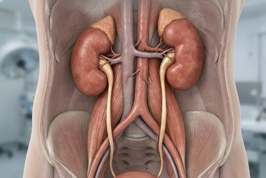 Detailed 3D Medical Illustration of Human Kidneys and Urinary System Anatomy in Abdominal Cavity