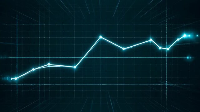 Glowing blue digital graph ascending with data points during a futuristic financial analysis on a dark network background