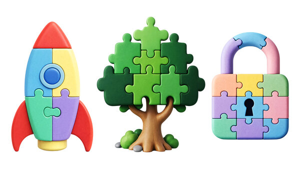 Colorful puzzle pieces shaped as a rocket tree and padlock isolated