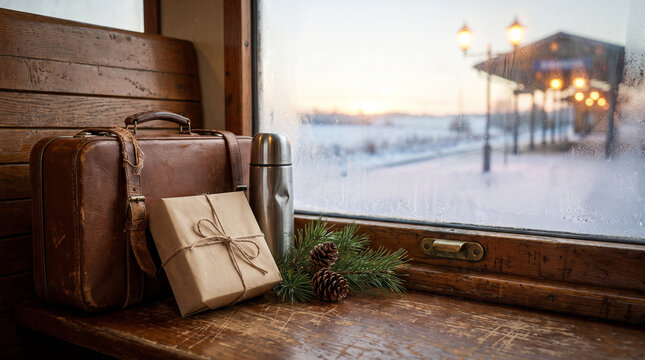 Cozy Winter Train Journey With Vintage Luggage and Gift