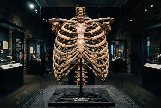Human Thoracic Cage Skeleton Displayed in a Modern Museum Exhibit with Dramatic Lighting