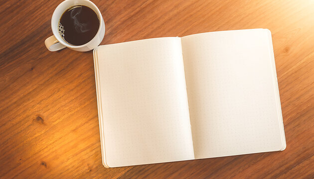 Overhead View of Open Notebook and Coffee Cup on Walnut Desk