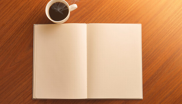Overhead View of Open Notebook and Coffee Cup on Walnut Desk