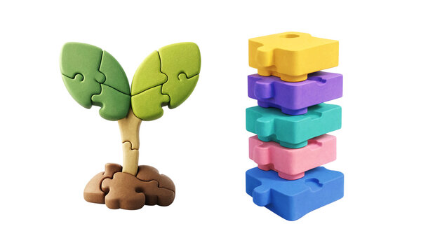 Earth Day puzzle sprout and colorful block stack isolated on