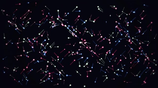 Glowing colorful particles form a dynamic abstract network pattern over a deep black backdrop