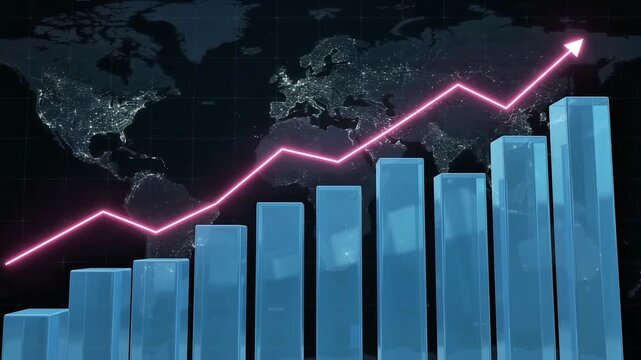 Digital world map with blue stock market graph and glowing upward arrow
