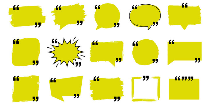 Handwritten speech bubbles set with yellow quote frames and chat box designs for communication and social media content.