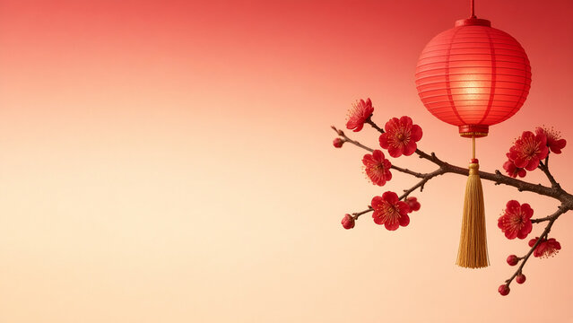 Glowing red lantern and plum blossom on red to cream gradient