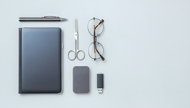Overhead View of Workspace Tools Arranged in Grid on Grey Surface