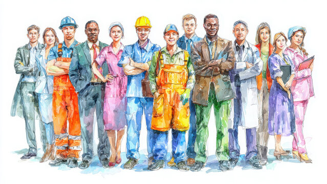 A diverse group of workers and professionals from various fields stand together, representing the breadth of the workforce.